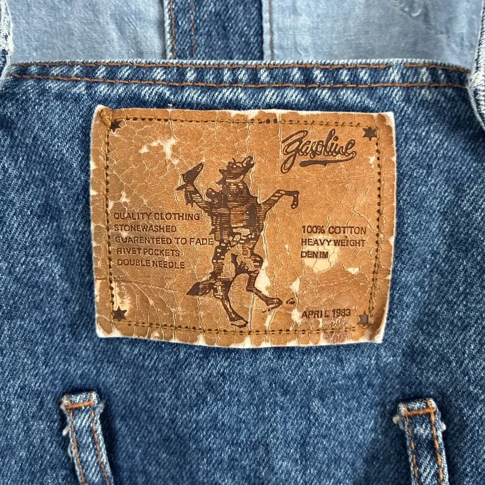 Vtg 80s Gasoline Jean Overalls Size Small Juniors Patches Denim  Boho Festival - Picture 10 of 14